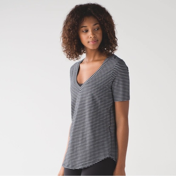 lululemon athletica Tops - Love Short Sleeve T-Shirt, V Neck, Modern Stripe Heathered Black White, Size 2